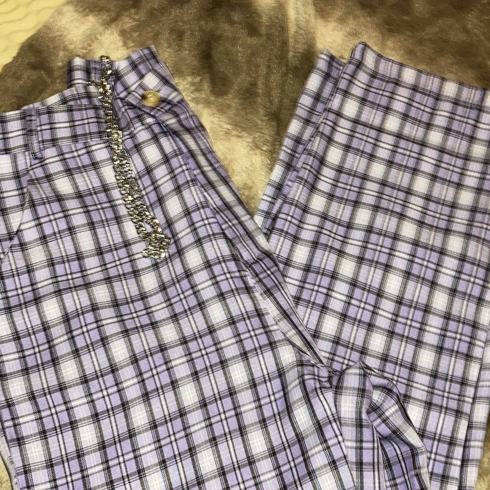 Purple plaid pants with chain